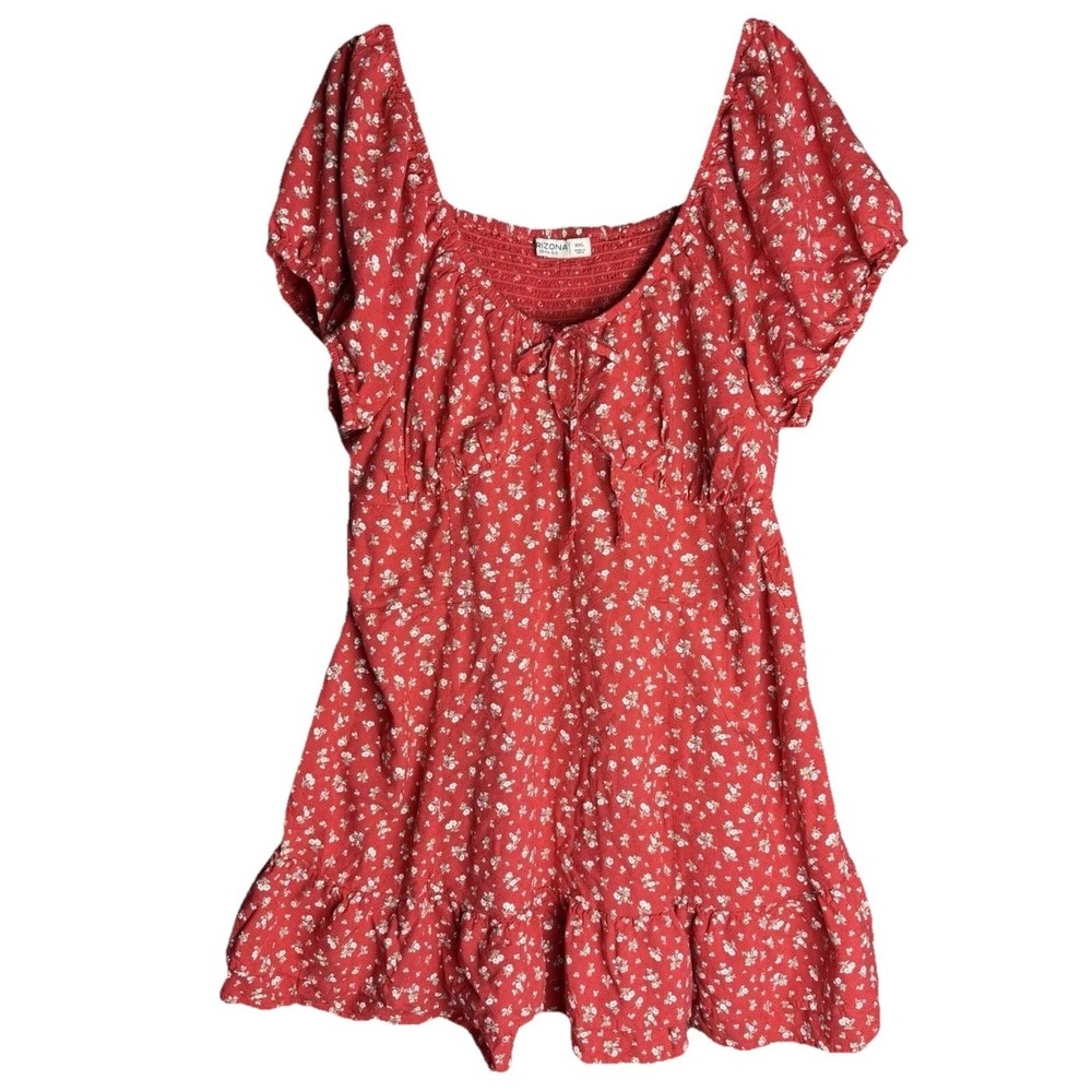 Arizona Jeans XXL Red Mini Floral Dress Puff Sleeve Babydoll Pockets Spring